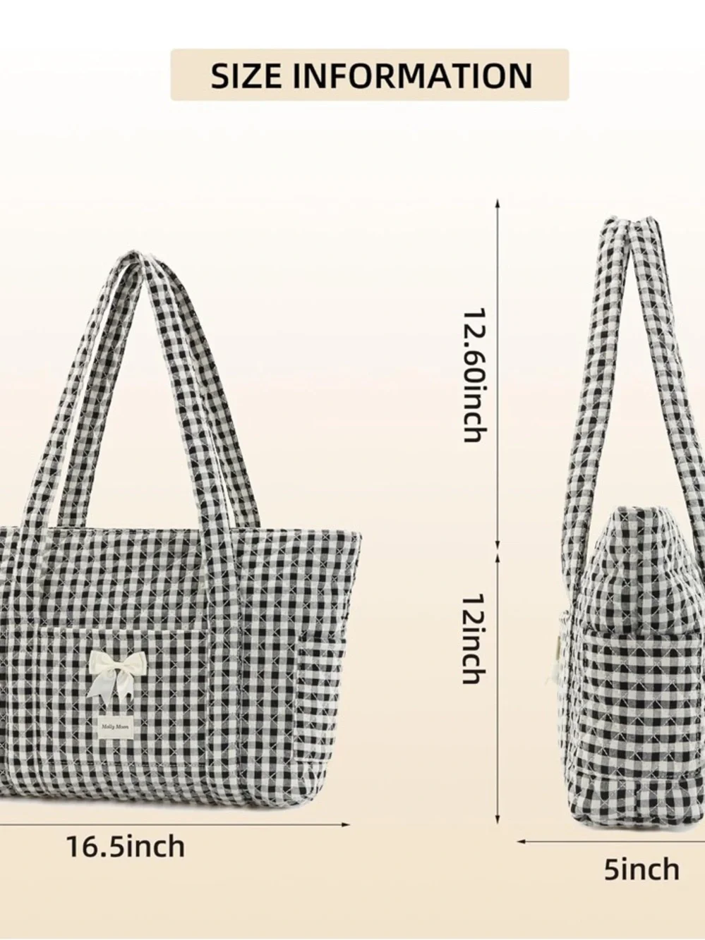 MOLLY MOON NWT gingham Quilted Tote Bag -black/white